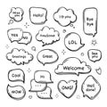 Vector hand drawn set of speech bubbles with words. Doodle dream cloud. Line illustration.